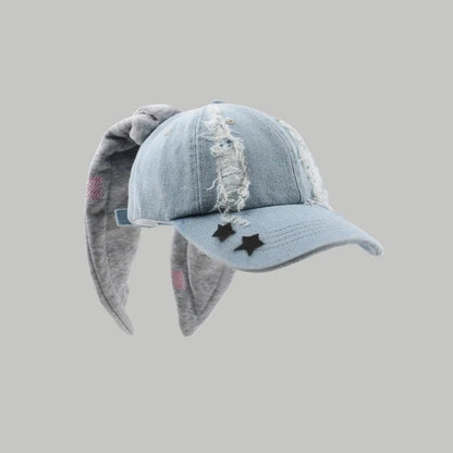 Dark Punk Rabbit Ears Peaked Hat Denim Hole Baseball Cap Women's Trendy Chain Hip-Hop Personalized Abby Style