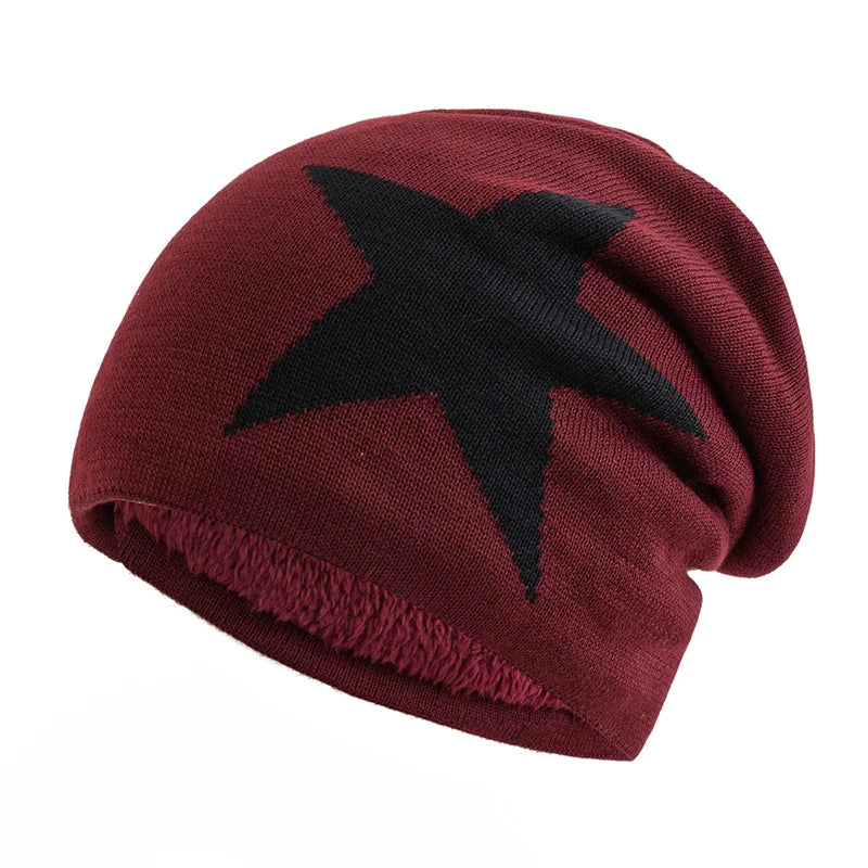 New Unisex Slouchy Winter Hats Five Star Pattern Warm Hats For Men Women Plush Fur Lined  Fashion Ski Beanie Cap