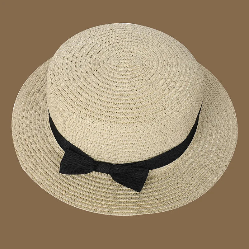 Spring and Summer New Straw Knitted Bow Straw Hat Korean  Fashion and Leisure Foldable Beach Flat Top Short Eaf Straw Hat
