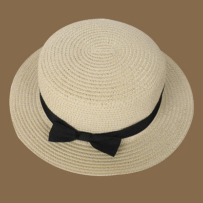 Spring and Summer New Straw Knitted Bow Straw Hat Korean  Fashion and Leisure Foldable Beach Flat Top Short Eaf Straw Hat