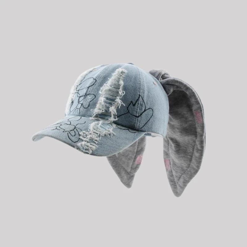 Dark Punk Rabbit Ears Peaked Hat Denim Hole Baseball Cap Women's Trendy Chain Hip-Hop Personalized Abby Style