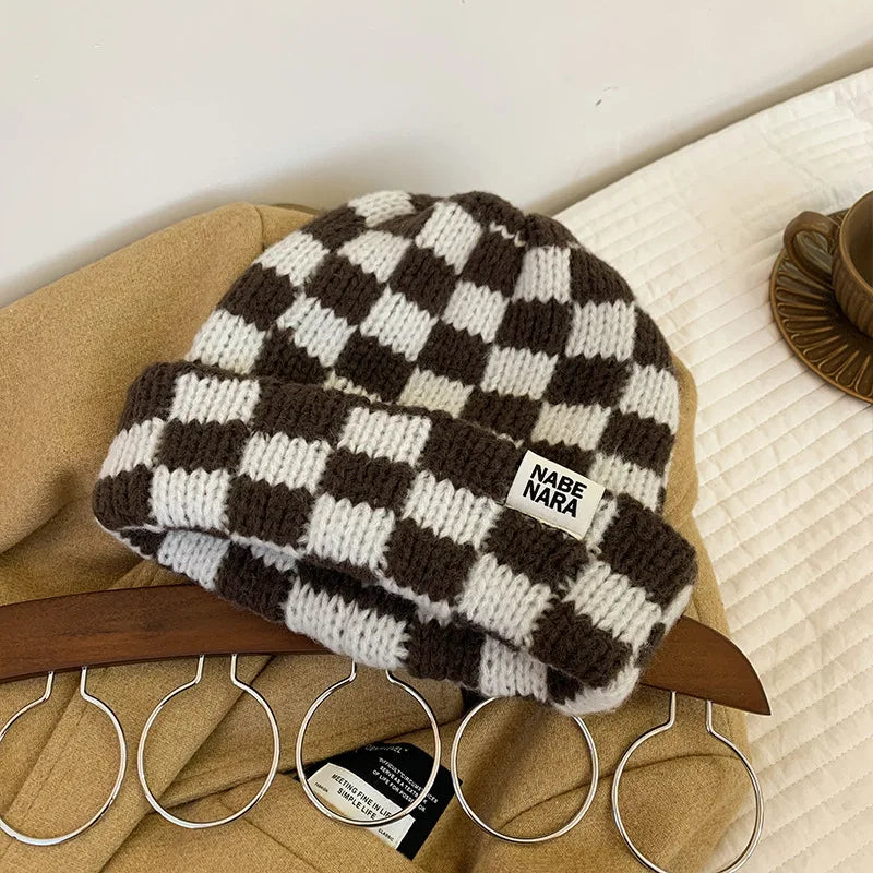 Luxury Brand Chessboard Plaid Knitted Hat Women Winter New Big Size Hat Warm Beanies Skullies Green Red Xmas Christmas Hat