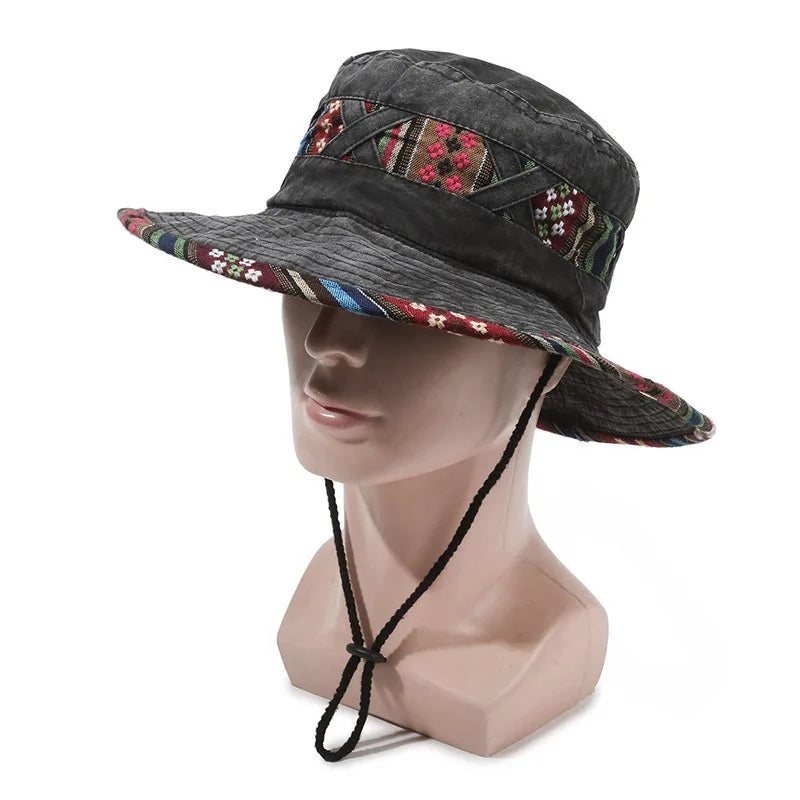 Personalized Ethnic Wind Bucket Hat Spring and Summer Outdoor Fashion Sun Hat Retro Wind Wash Old Street Wind Big Edge Hat