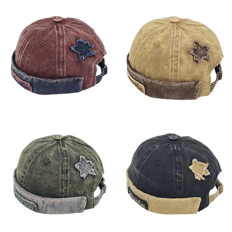 Unisex Washed Brimless Docker Cap – Star Splicing Letter Adjustable Vintage Hip Hop Beanie Hat