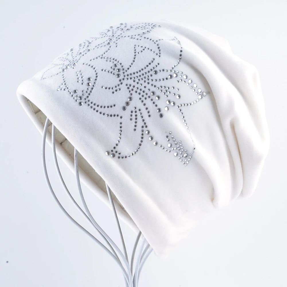 Women's Winter Double-Layer Flannel Knitted Beanie And Scarf Set Diamond Daffodil Pattern Hat Warm Windproof Cold Weather Bonnet