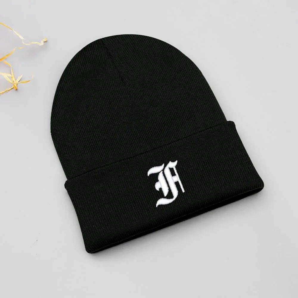 Old English Letter A-Z Embroidered Beanie Hat Unisex Winter Knit Caps for Men Women Soft Ski Hat