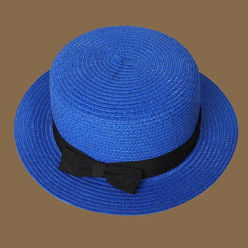 Spring and Summer New Straw Knitted Bow Straw Hat Korean  Fashion and Leisure Foldable Beach Flat Top Short Eaf Straw Hat