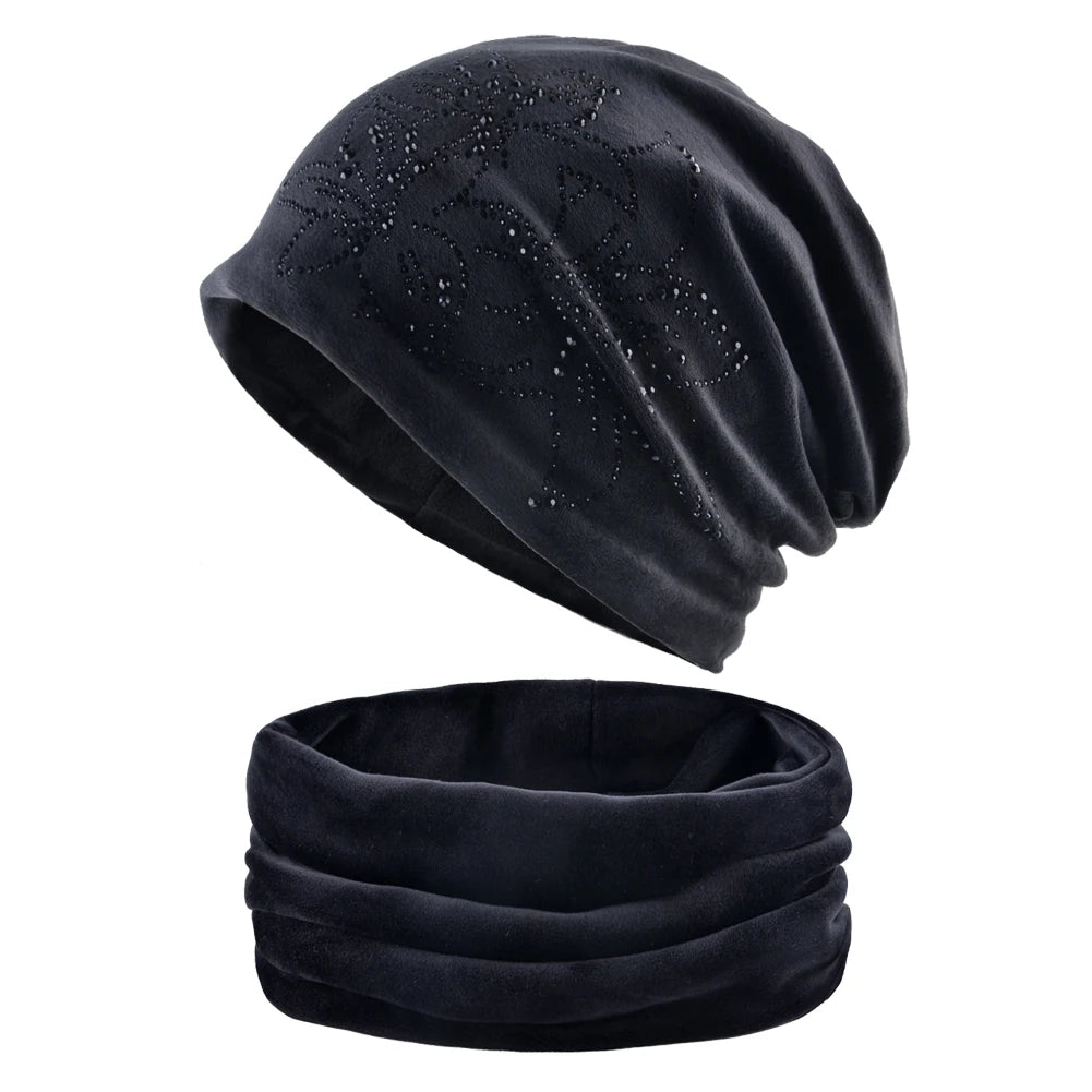 Women's Winter Double-Layer Flannel Knitted Beanie And Scarf Set Diamond Daffodil Pattern Hat Warm Windproof Cold Weather Bonnet