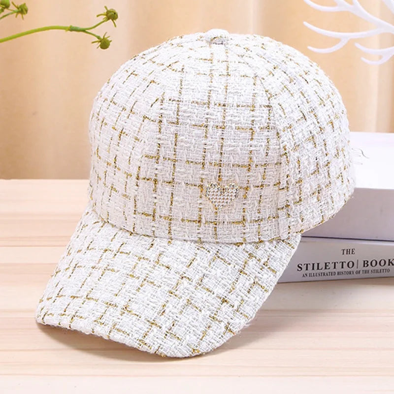 Stylish Women's Baseball Cap with Golden Thread Checkered Design - Breathable, Sun-Protective & Adjustable Fit for Outdoor Sport