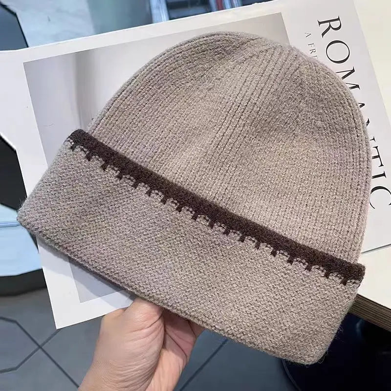 Minimally Color Blocking Striped Knitted Hats For Women Versatile In Autumn And Winter Fashionable And Trendy Warm Caps
