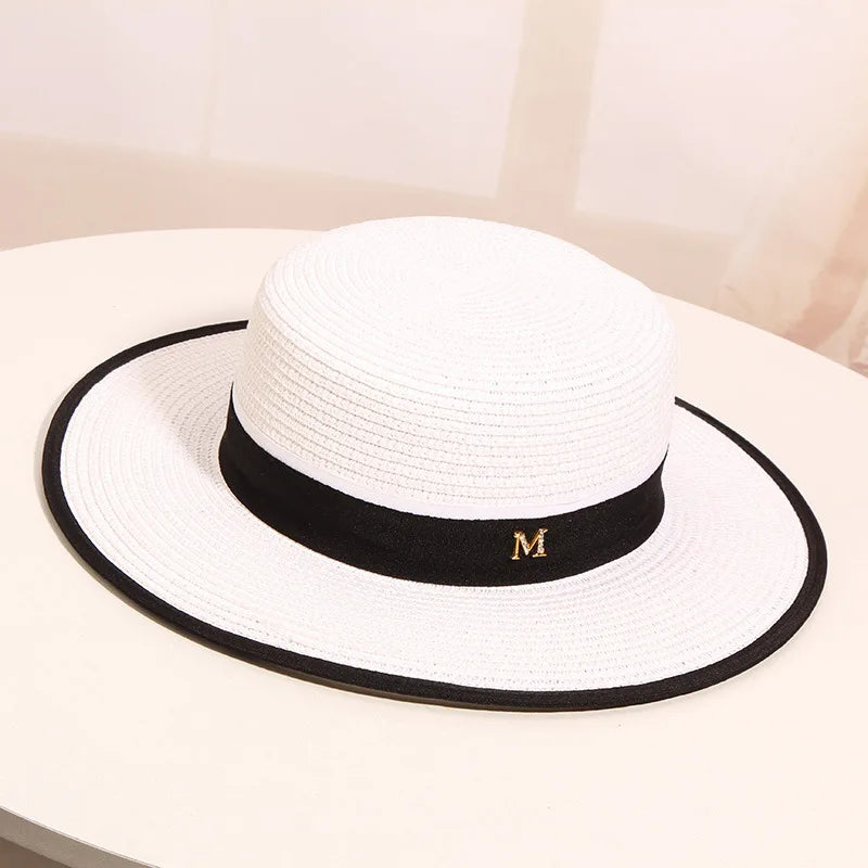 Women's Summer Outing on The Beach Sun Shading Sun Protection Straw Hat  Woven Flat Top British Top Hat