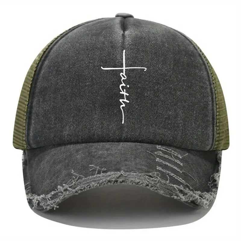 Sponge Washed Cotton Faith Print Baseball Cap Women Men Summer Mesh Breathable Trucker Duckbill Hat For Outdoor Tourism Leisur