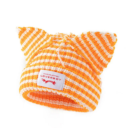 Stripe Knit Beanie Hats Cute Bunny Ears Grunge Cap Fluffy Winter Warm Knit Crochet Outdoor Slouchy Beanie Fashion Brand