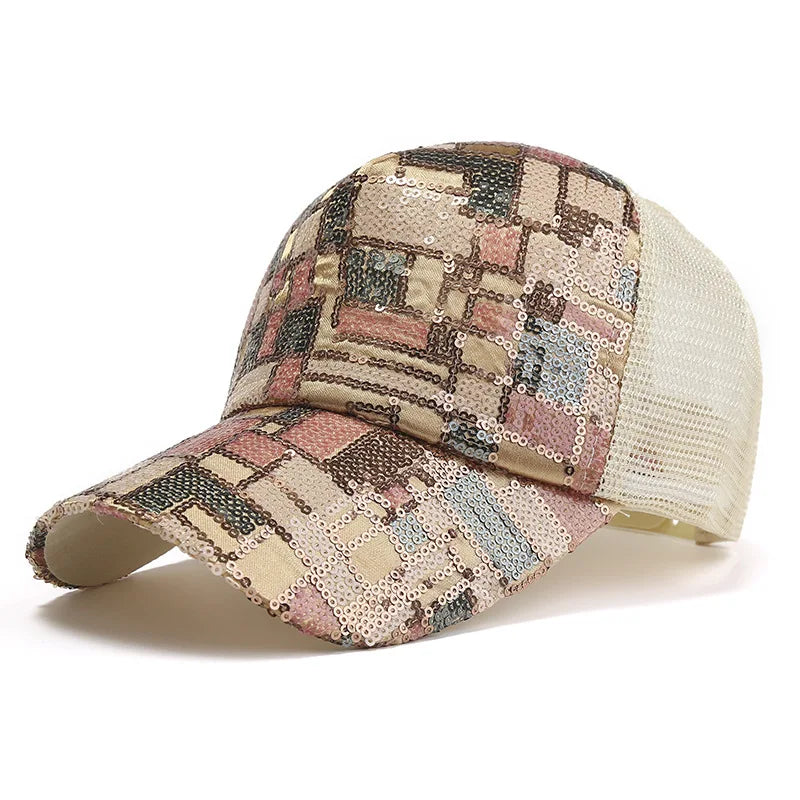 Vibrant Sequined Print Baseball Cap - Adjustable, Glittery Mesh Back Trucker Hat with Hip-Hop Style for Women