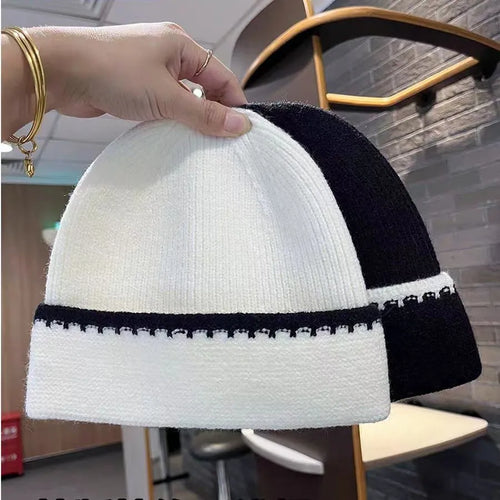 Minimally Color Blocking Striped Knitted Hats For Women Versatile In Autumn And Winter Fashionable And Trendy Warm Caps