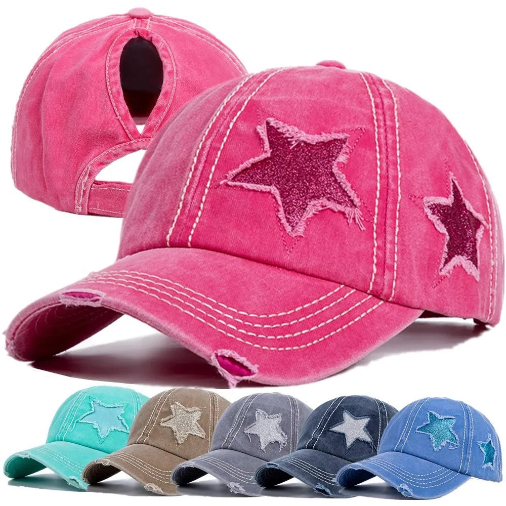 Adjustable Women's Baseball Cap with Ponytail Hole, Distressed Trucker Hat  Embroidered Baseball Cap