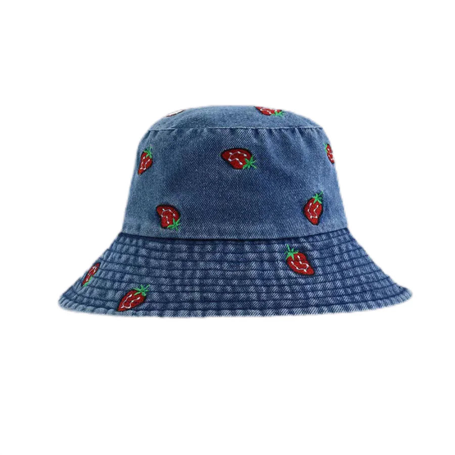 Spring Summer Strawberry Embroidery Denim  Bucket Hat Legent Fisherman Hats for Women Foldable Sport Sun Beach  Caps