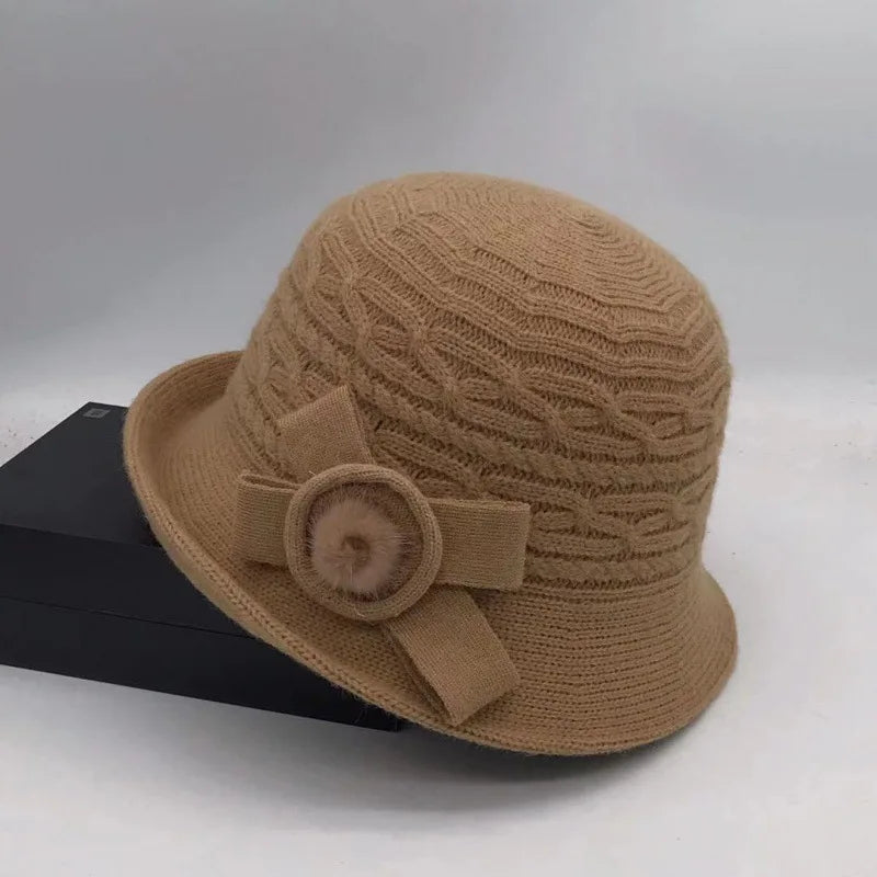 Woolen Bucket Hat Women's Autumn and Winter Bow Korean Version Versatile Japanese Dome Basin Hat British Retro Top Hat Tide