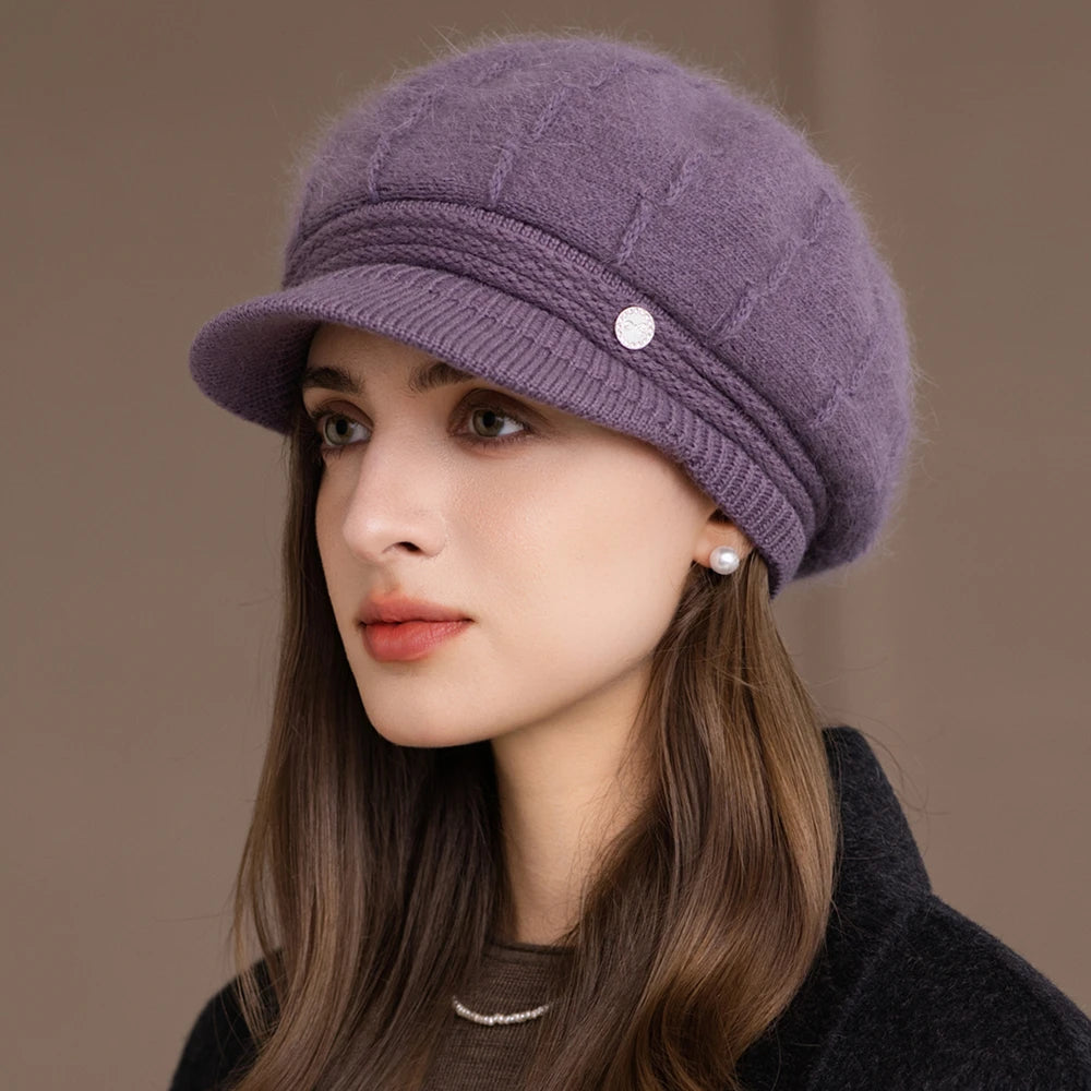 New Women Fashion Winter Hat With Brim Plush Fur Lined Chic Hats For Women Casual Rabbit Fur Blend Streetwear Knitted Cap