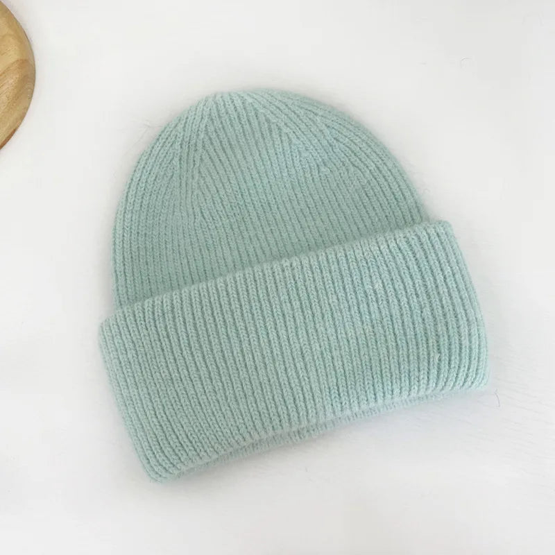 Fashion Warm Cashmere Wool Skullies Cap Angola Rabbit Fur Winter Knitted Beanies Women Female Ski Outdoor Solid Color Hats
