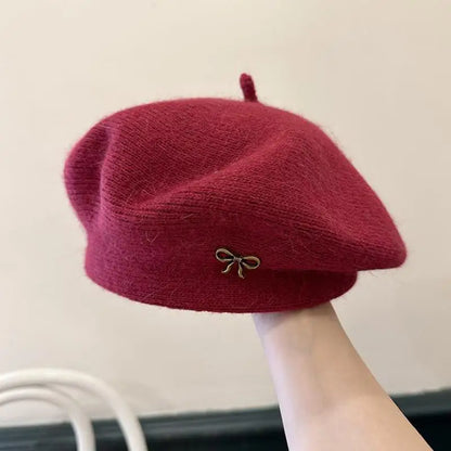 ‌Korean-Style Metal Bow Knitted Beret Women's Autumn/Winter Casual Street Painter's Hat Trendy Warm Beanie for Daily Outfit New
