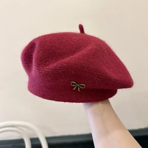 ‌Korean-Style Metal Bow Knitted Beret Women's Autumn/Winter Casual Street Painter's Hat Trendy Warm Beanie for Daily Outfit New