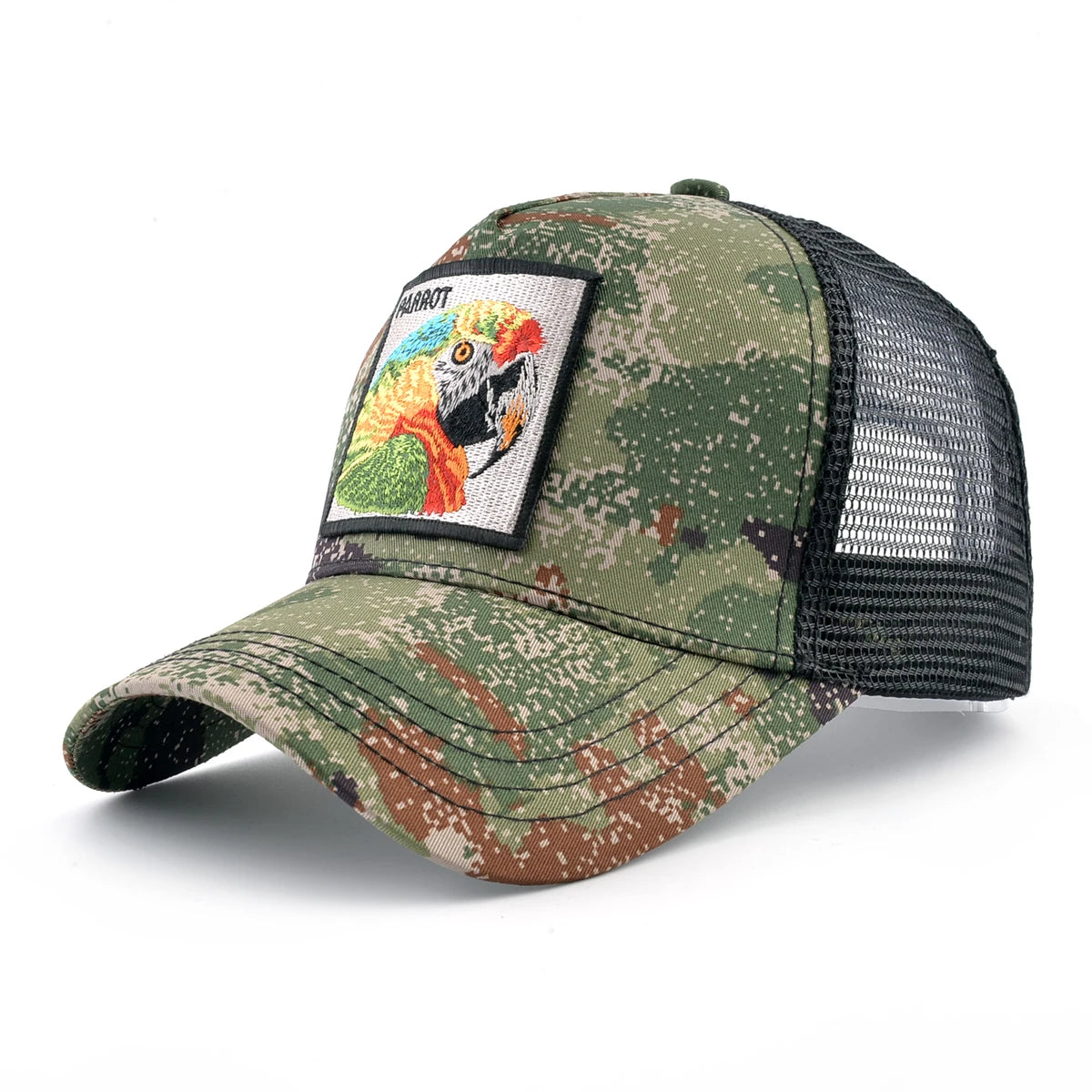 Camouflage Trucker Cap With Embroidery Lion Patch Snapback Baseball Cap For Men Women Adjustable Mesh Visor Hat