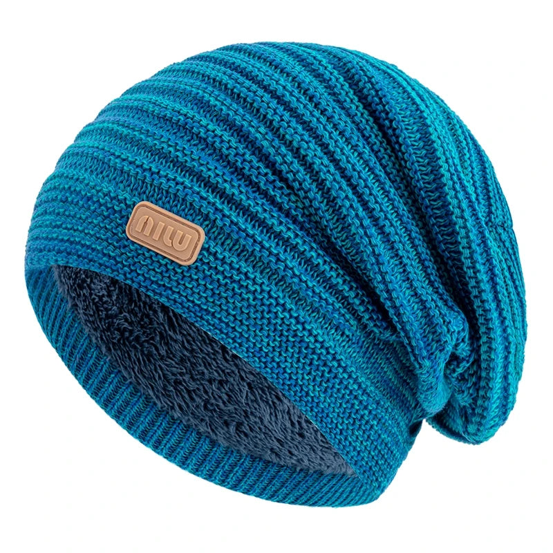 New Style Unisex Slouchy Winter Hats Men Women Striped Mix Warm Beanie Cap NIU Label Decor Plush Fur Lined Winter Knitted Hat