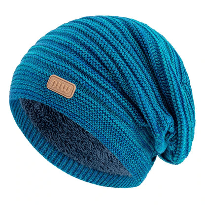 New Style Unisex Slouchy Winter Hats Men Women Striped Mix Warm Beanie Cap NIU Label Decor Plush Fur Lined Winter Knitted Hat