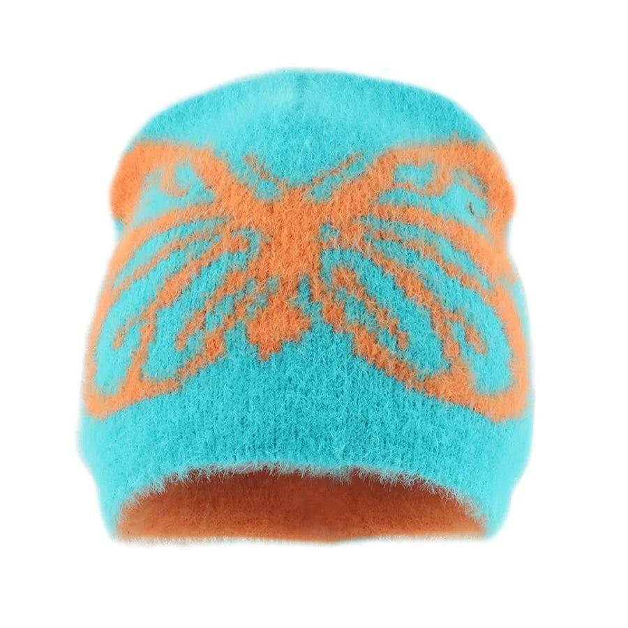 2024 Autumn and Winter New Mink Hair Knitted Hat Female Butterfly Jacquard Thickened Warm Plush Pullover Hat Versatile