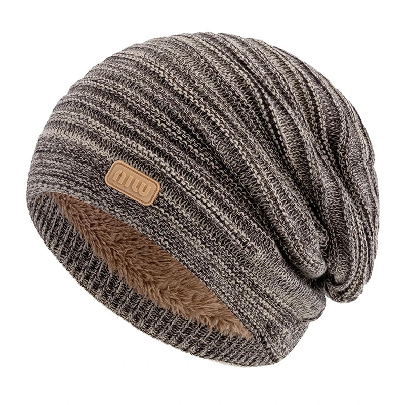New Style Unisex Slouchy Winter Hats Men Women Striped Mix Warm Beanie Cap NIU Label Decor Plush Fur Lined Winter Knitted Hat