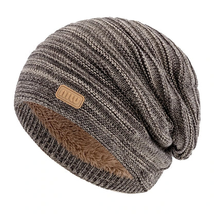 New Style Unisex Slouchy Winter Hats Men Women Striped Mix Warm Beanie Cap NIU Label Decor Plush Fur Lined Winter Knitted Hat