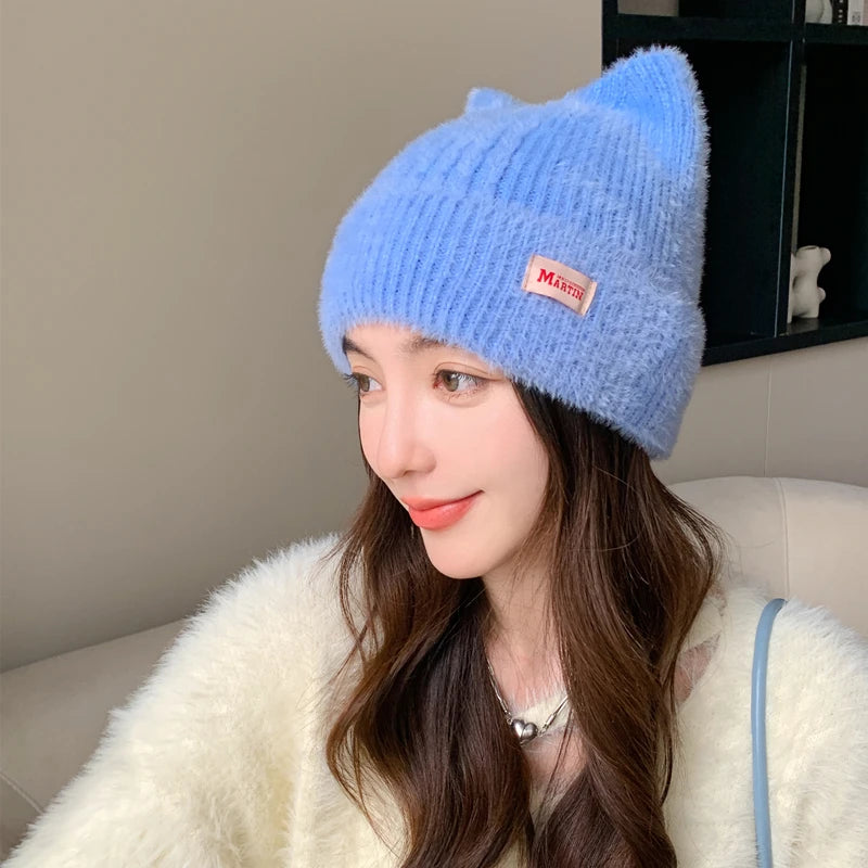 New Women Cute Cat Ear Earflap Winter Hat Fashion Faux Fur Knitted Hat Kpop Style Soft Beanie Hats Candy Female Streetwear Cap