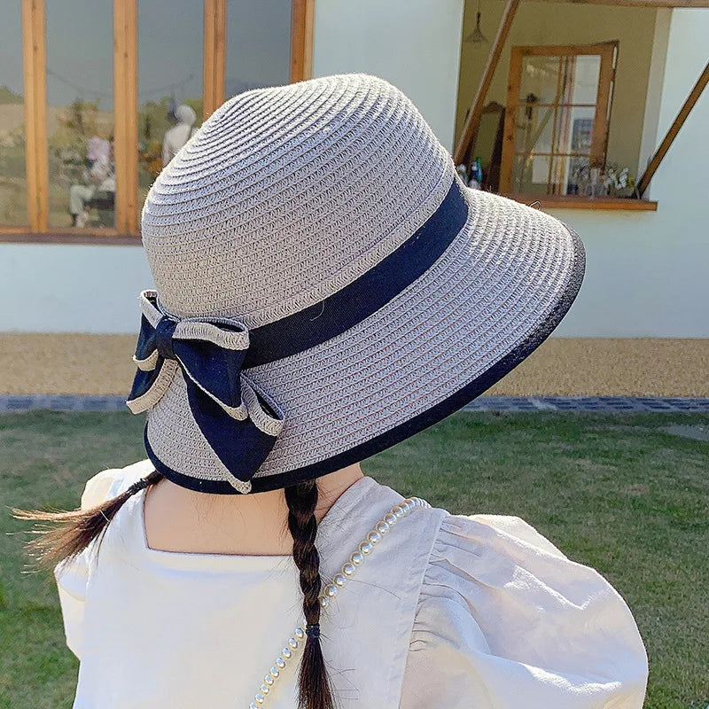 Sunscreen Hat for Spring Travel  Girls in Summer Straw Hat for UV Protection Bowtie Straw Hat