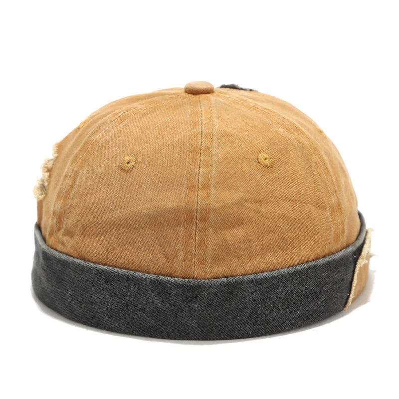 Retro Patch Hole Dome Melon Hat Washed Denim Cotton Brimless Beanie Cap Unisex Docker Sailor Biker Cap Casual Skull Loop Beanie