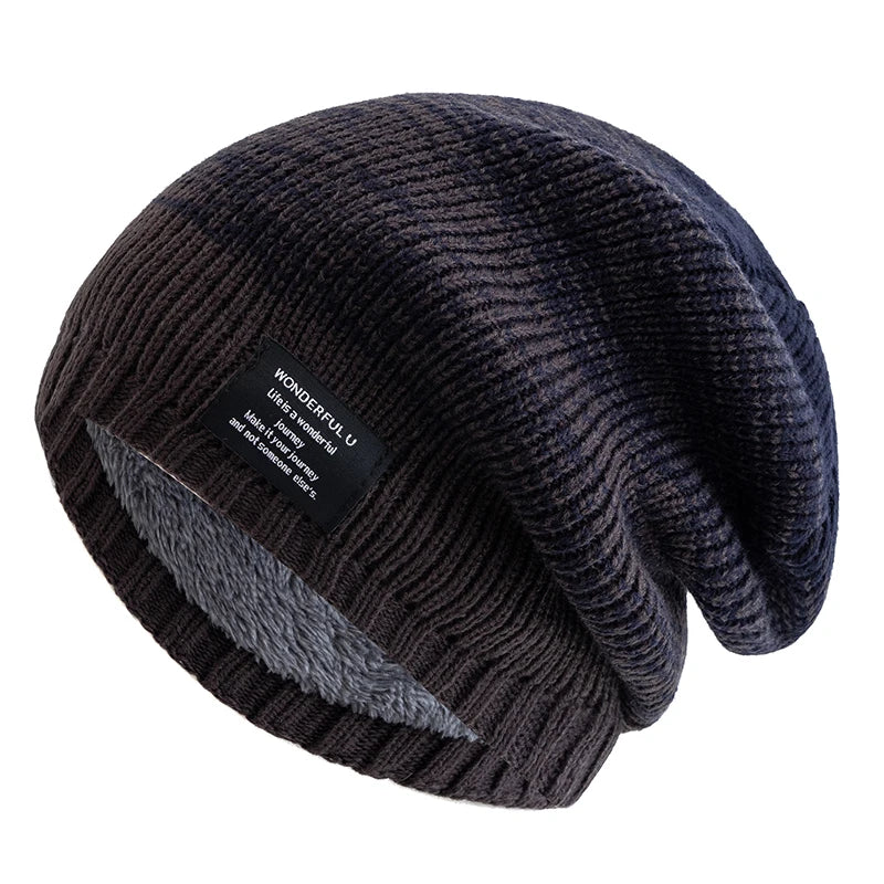 Hot Sale Women Slouchy Winter Hats Plush Fur Lined Beanie Cap Female Winter Mixing Color Label Decor Knitted Hats