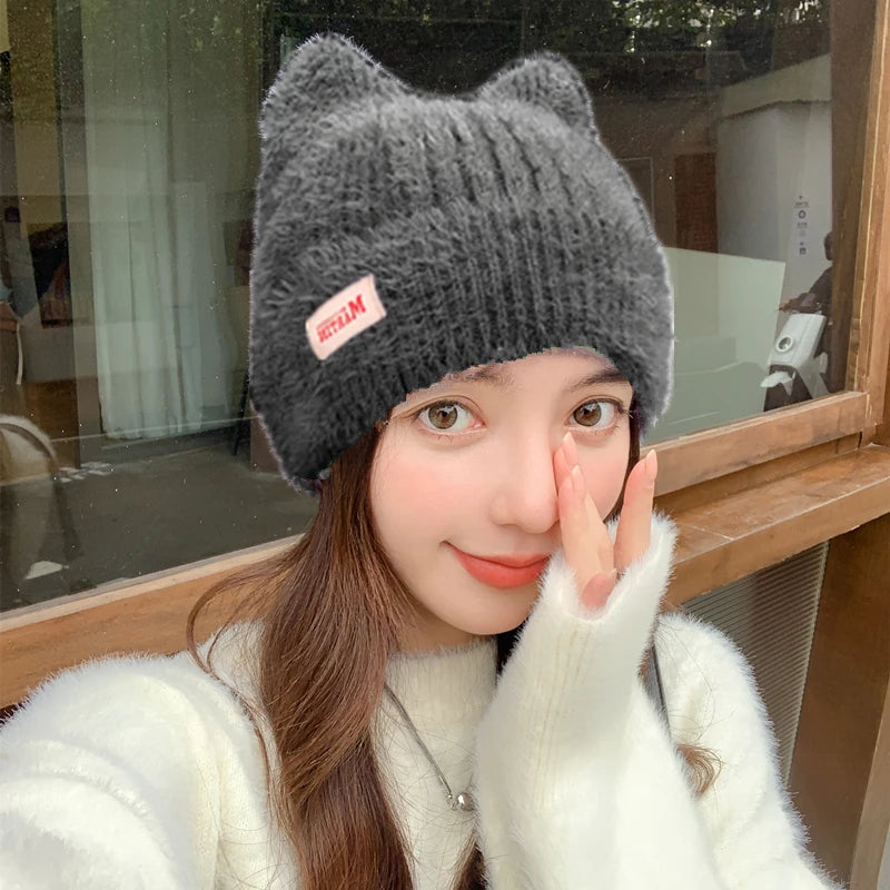 New Women Cute Cat Ear Earflap Winter Hat Fashion Faux Fur Knitted Hat Kpop Style Soft Beanie Hats Candy Female Streetwear Cap