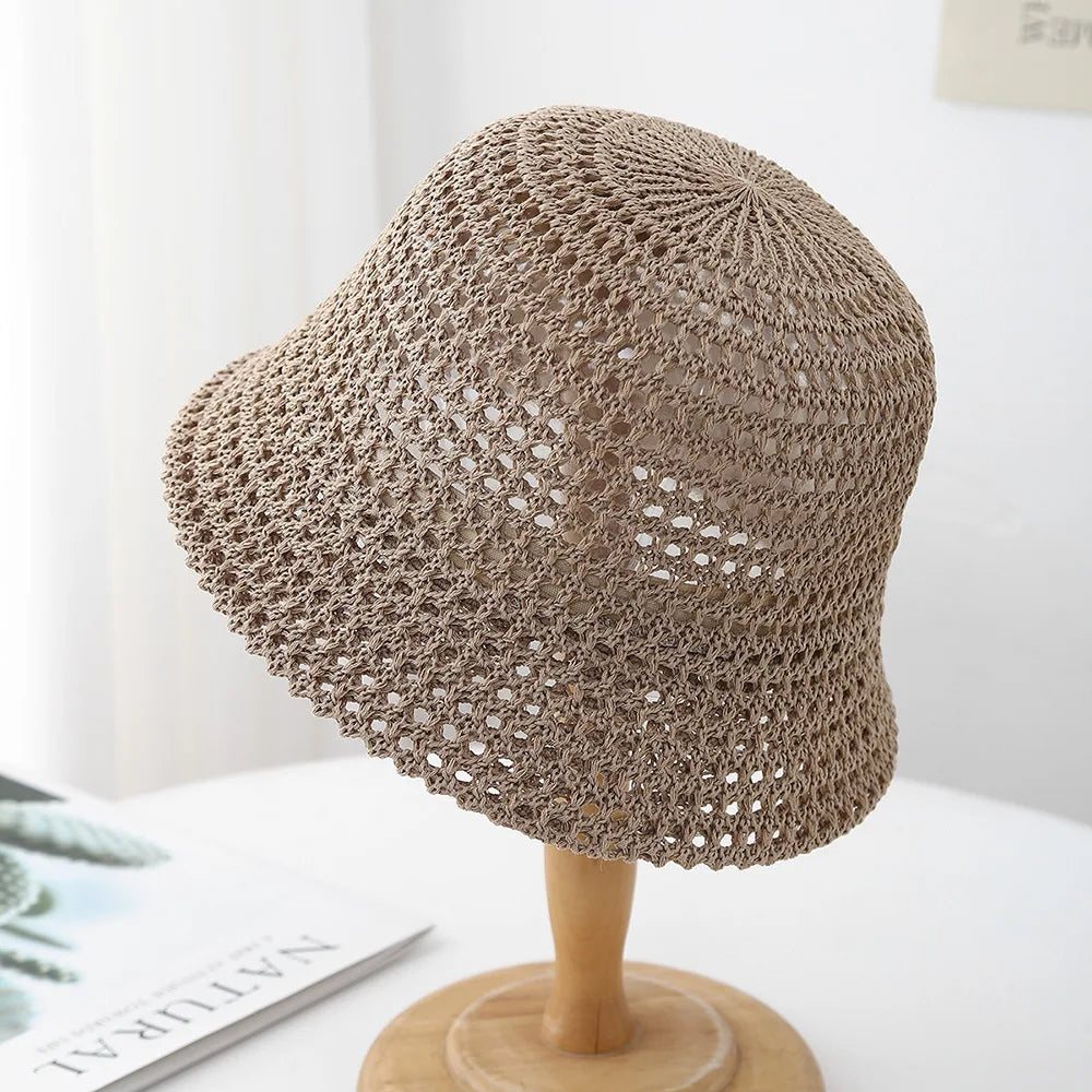 Spring Summer Knitted Bucket Hat for Women Foldable Sun Hat Breathable Beach Cap Outdoor Travel Casual Chic 2025 New Sunhat