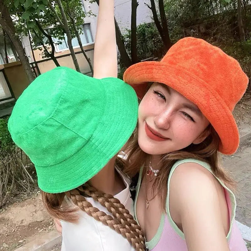 Simple Terry Cloth Towel Bucket Hat Spring Autumn Outdoor Panama Sun Fisherman Hat Unisex Candy Pure Color Fashion Cap
