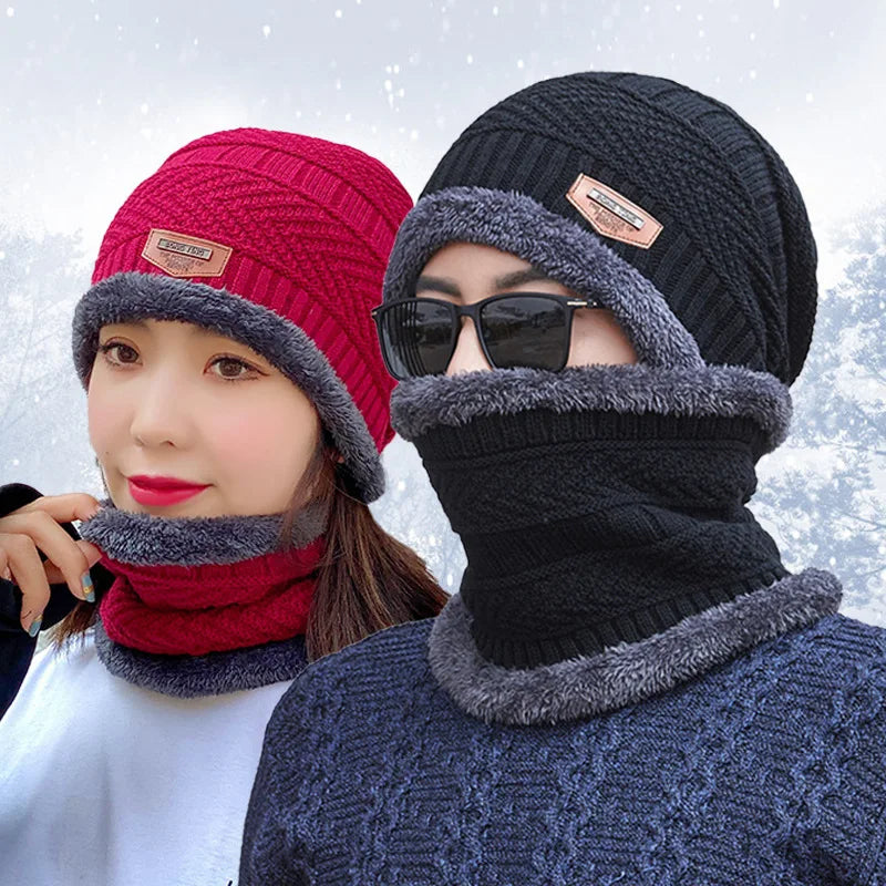 Unisex Winter Knit Beanie – Thick Fleece Neck Warmer, Windproof Warm Hat