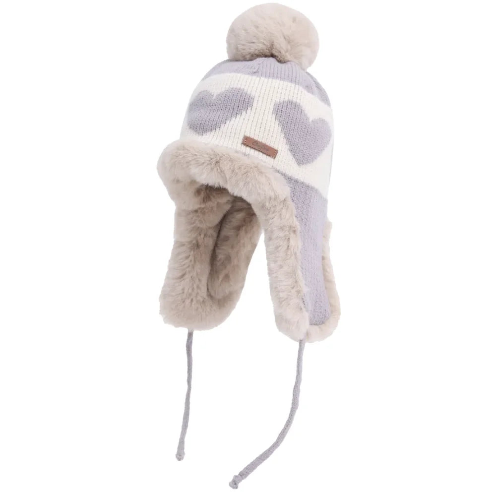 Hot Sale Women Cute Plush Winter Hat Love Print Pompoms Beanie Hats Lovely Ear Protection Cap For Girls