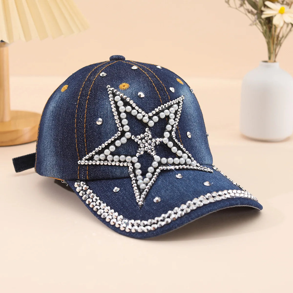 Stylish Rhinestone Studded Star Denim Baseball Cap - Adjustable, Casual, Outdoor Sun Protection Peaked Hat with Sparkling Accent