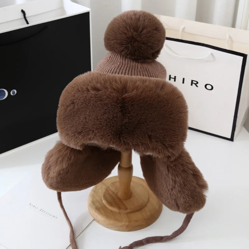 Fashion Lei Feng Hat For Women Autumn And Winter Trapper Earflap Ski Cap Female Thick Warm Beanie Hat Fur Pompom Russain Hat