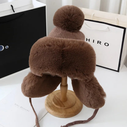 Fashion Lei Feng Hat For Women Autumn And Winter Trapper Earflap Ski Cap Female Thick Warm Beanie Hat Fur Pompom Russain Hat