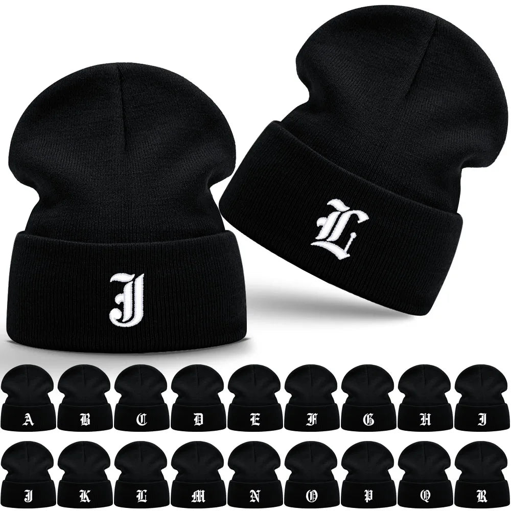 Old English Letter A-Z Embroidered Beanie Hat Unisex Winter Knit Caps for Men Women Soft Ski Hat