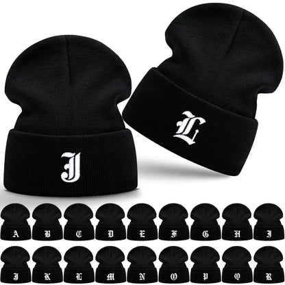 Old English Letter A-Z Embroidered Beanie Hat Unisex Winter Knit Caps for Men Women Soft Ski Hat