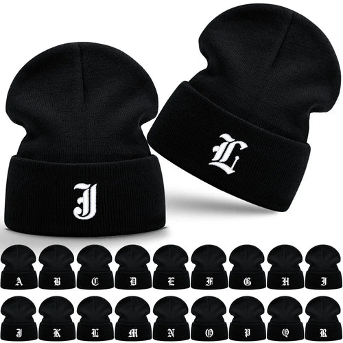 Old English Letter A-Z Embroidered Beanie Hat Unisex Winter Knit Caps for Men Women Soft Ski Hat