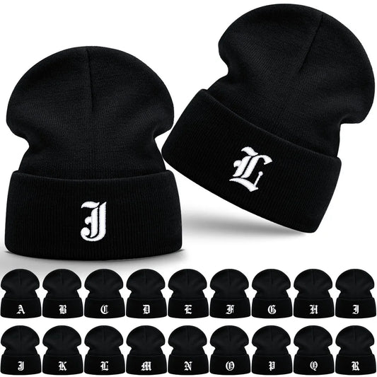 Old English Letter A-Z Embroidered Beanie Hat Unisex Winter Knit Caps for Men Women Soft Ski Hat