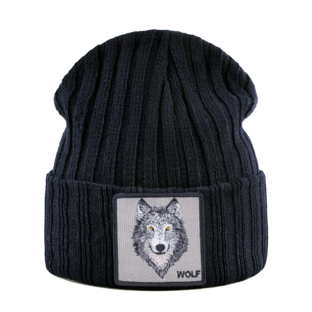 Unisex Black Beanie Hat With Animals Embroidery Patch Knitted Skull Cap For Men Women For Autumn Winter Streetwear Bonnet Hats