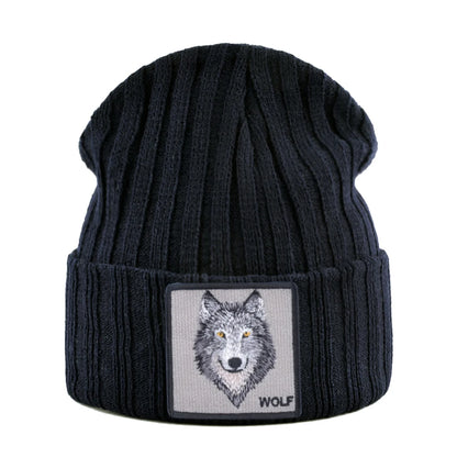 Unisex Black Beanie Hat With Animals Embroidery Patch Knitted Skull Cap For Men Women For Autumn Winter Streetwear Bonnet Hats
